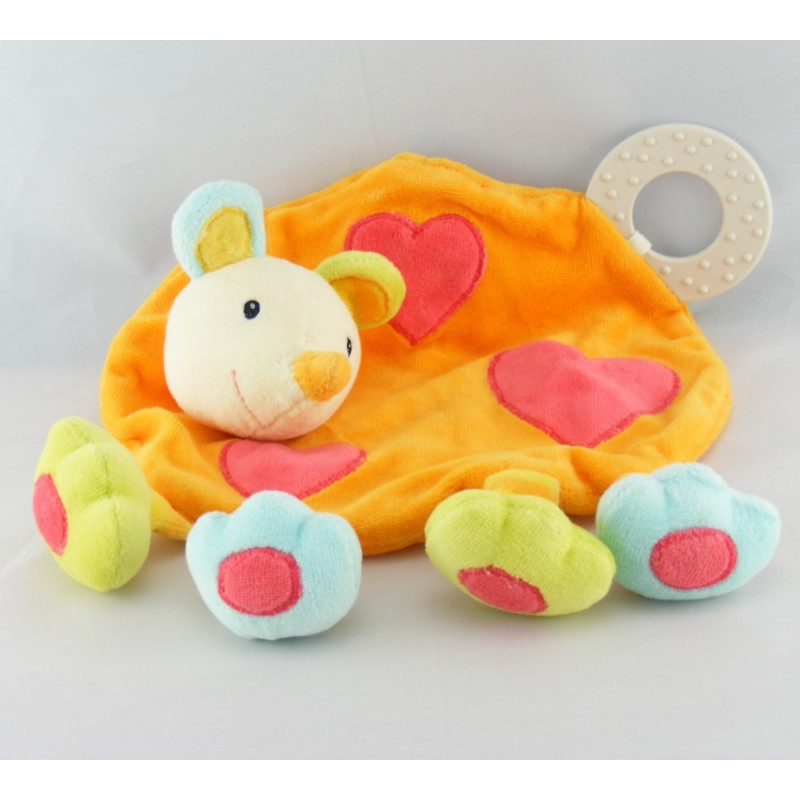 Doudou plat souris orange multicolore dentition BABYSUN NEUF