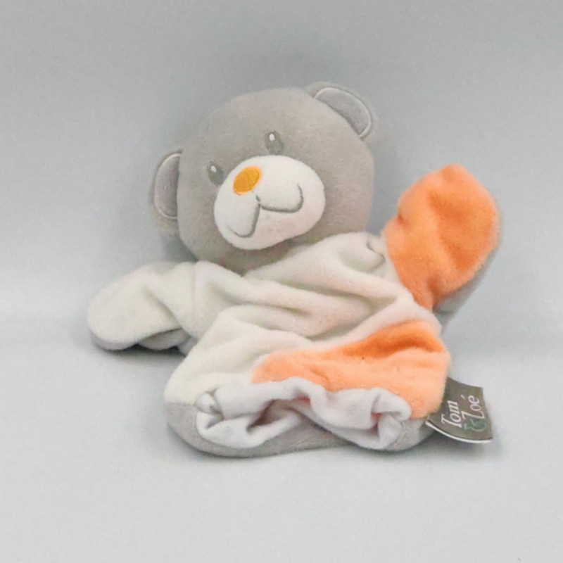 Doudou plat marionnette ours gris blanc orange TOM & ZOE