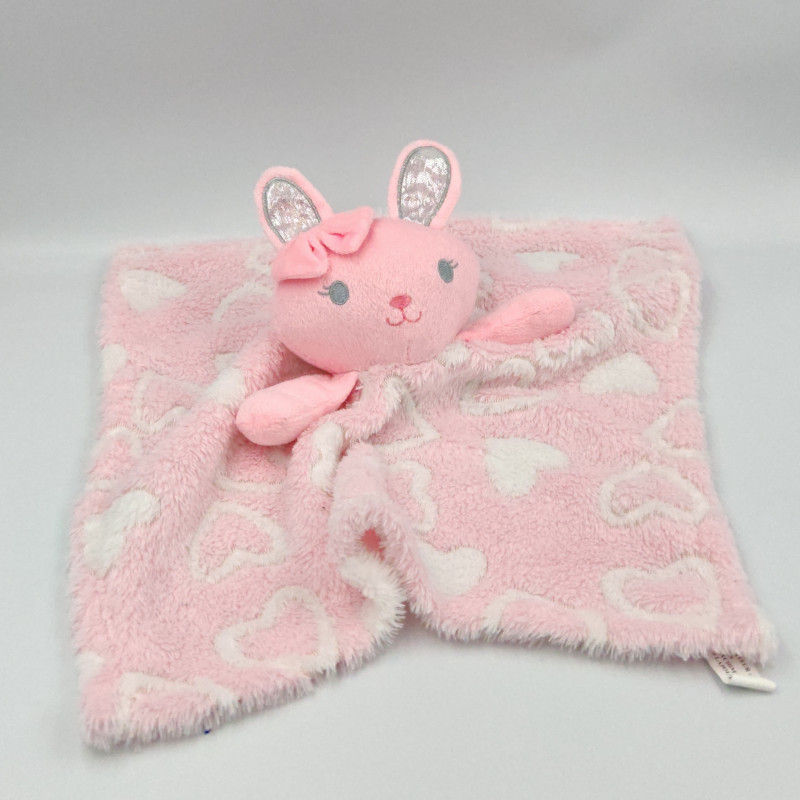 Doudou plat lapin rose blanc coeurs RODA