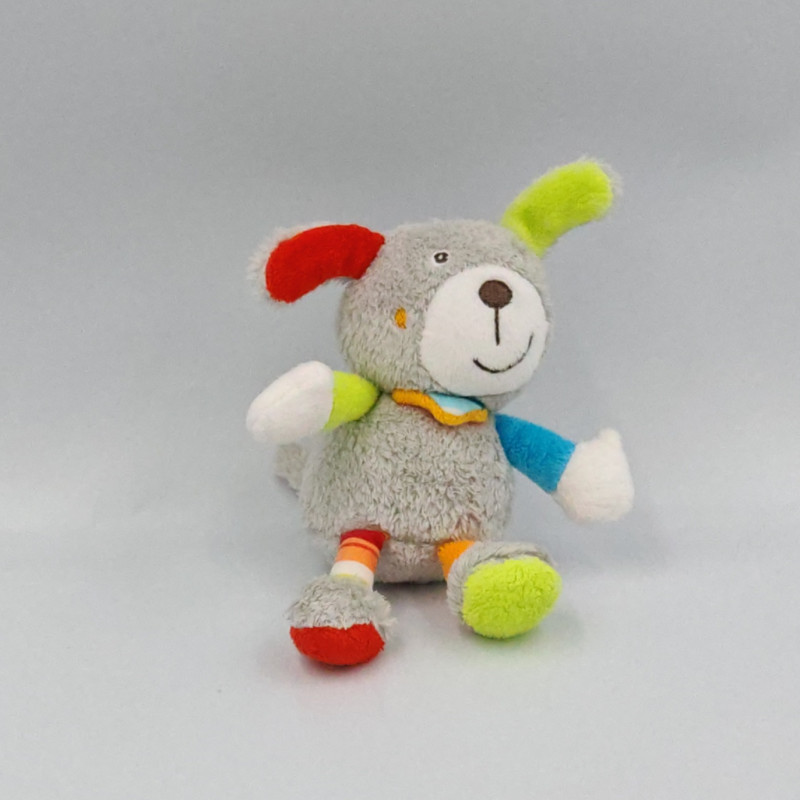 Doudou attache tétine chien gris rouge vert orange bleu TIGEX BABYSUN