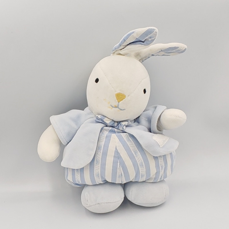 Doudou lapin blanc rayé bleu gilet TARTINE ET CHOCOLAT