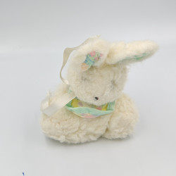 Ancienne peluche lapin blanc jaune vert bleu motifs bavoir