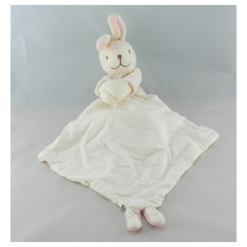 Doudou lapin blanc orange mouchoir Cajou SUCRE D'ORGE