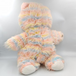 Ancienne peluche ours rose jaune bleu blanc rayé NOUNOURS AJENA