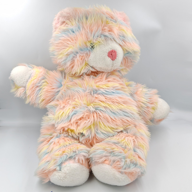 Ancienne peluche ours rose jaune bleu blanc rayé NOUNOURS AJENA