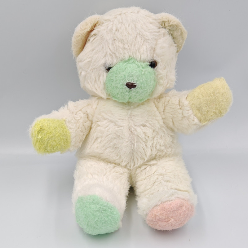 Ancienne Peluche ours blanc vert jaune rose TIENO