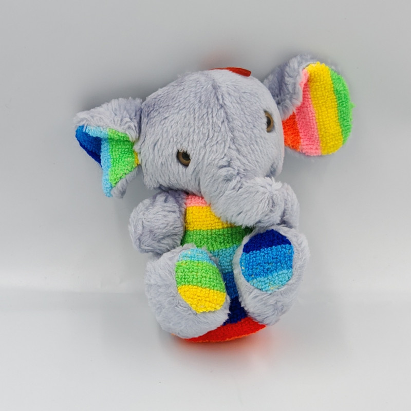 Ancienne peluche éléphant gris arc en ciel bleu jaune rouge vert