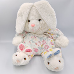 Ancienne peluche lapin blanc rose bleu fleurs fraises chaussons pantoufles IMPEXIT