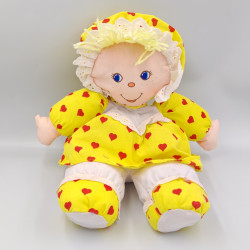 Doudou poupée chiffon jaune blanc coeurs rouges