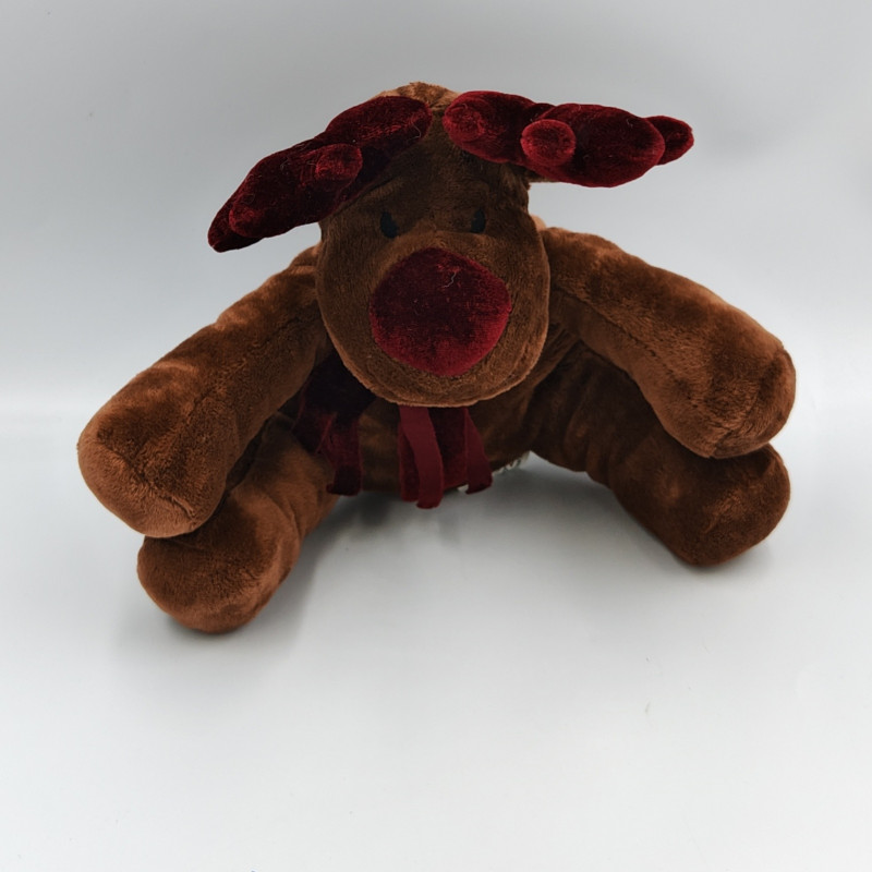 Doudou renne cerf élan marron écharpe bordeaux FRANCE LOISIRS