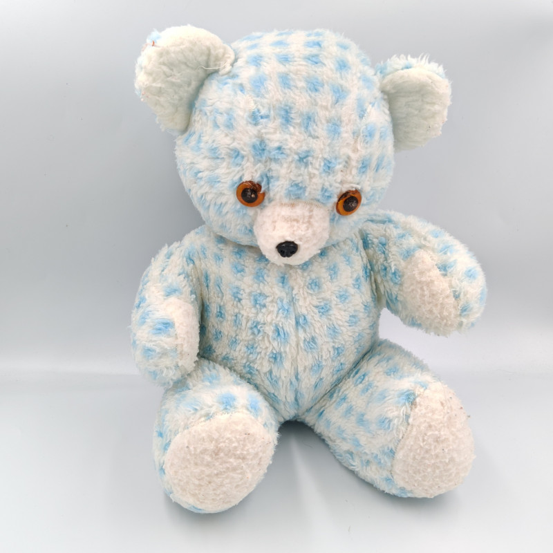 Ancienne peluche doudou ours bleu blanc carreaux NOUNOURS