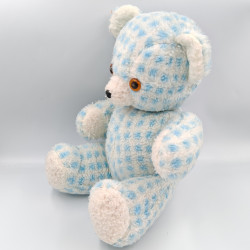 Ancienne peluche doudou ours bleu blanc carreaux NOUNOURS