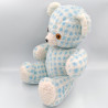Ancienne peluche doudou ours bleu blanc carreaux NOUNOURS
