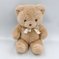 Ancienne peluche ours beige noeud satin blanc motifs Vintage