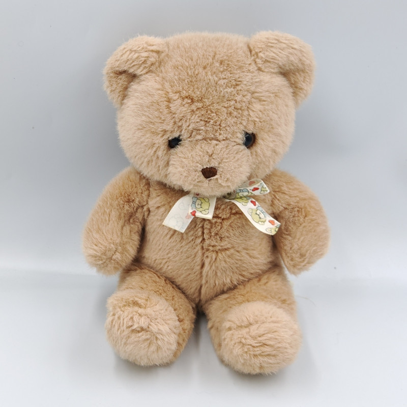 Ancienne peluche ours beige noeud satin blanc motifs Vintage