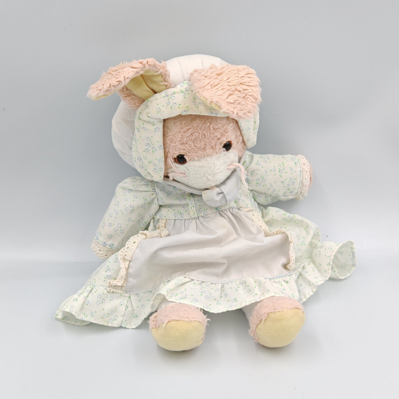 Ancienne peluche lapin rose robe blanche fleurs bleues