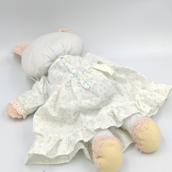 Ancienne peluche lapin rose robe blanche fleurs bleues