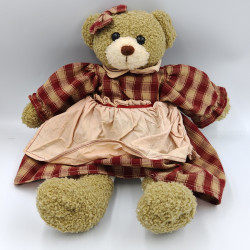 Ancienne peluches ours beige marron rouge carreaux VAN CLEEF