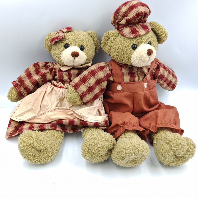 Ancienne peluches ours beige marron rouge carreaux VAN CLEEF