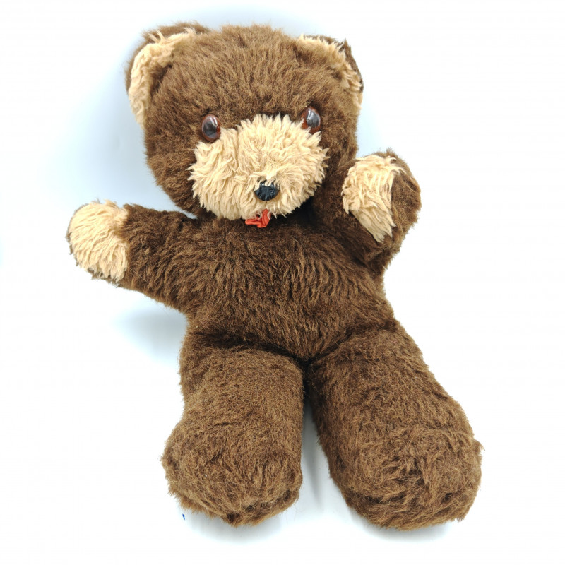 Ancienne peluche ours marron beige petite langue rouge