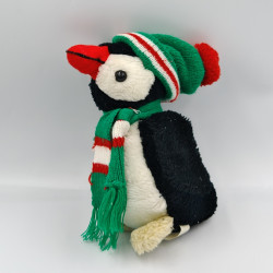 Ancienne peluche pingouin noir blanc bonnet écharpe verte rouge