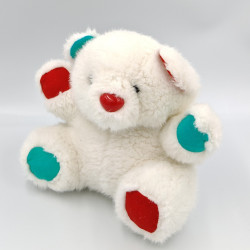 Ancienne peluche ours blanc rouge bleu