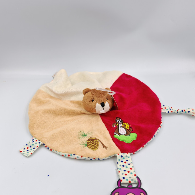 Doudou plat rond castor marmotte beige rose blanc RODA