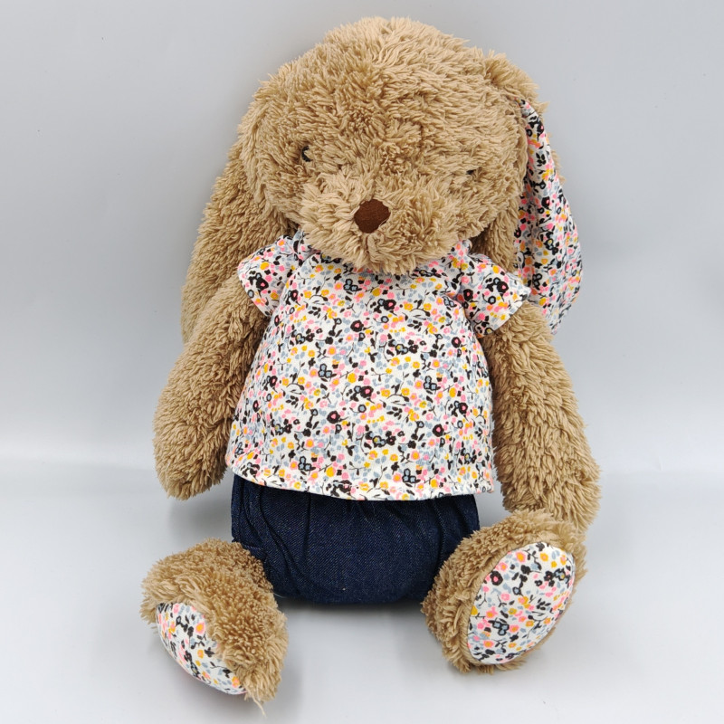 Doudou lapin marron bleu blanc fleurs TAPE A L'OEIL