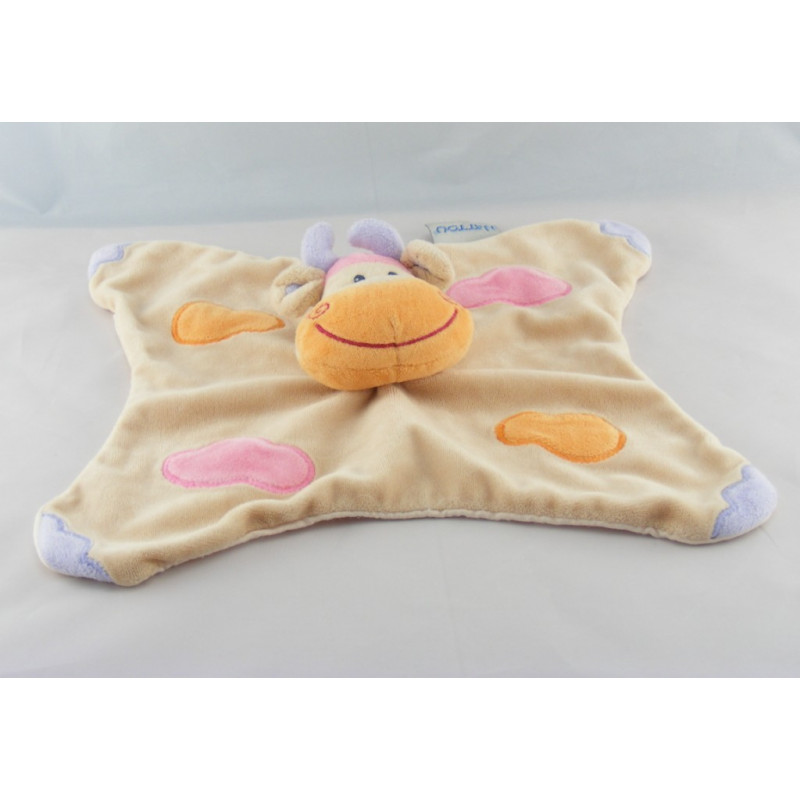Doudou plat girafe vache beige taches orange rose NATTOU