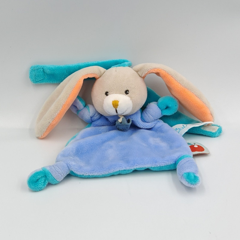 Mini doudou plat attache tétine lapin gris bleu blanc orange Pom BABY NAT
