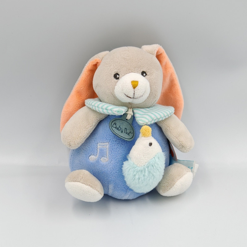 Doudou musical lapin gris bleu blanc orange Pom BABY NAT