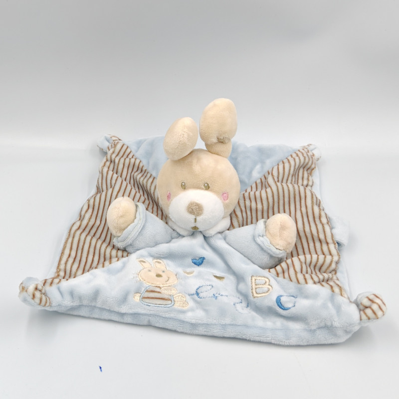 Doudou plat lapin rayé bleu ABC attache tétine NICOTOY