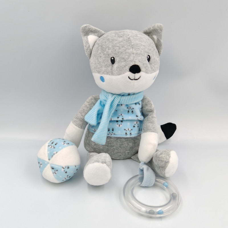 Doudou chat renard gris bleu blanc étoiles hochet POMMETTE