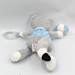 Doudou chat renard gris bleu blanc étoiles hochet POMMETTE