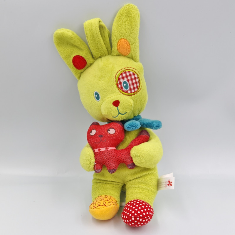 Doudou musical lapin vert gris rouge rapiécé NICOTOY