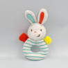 Doudou hochet lapin blanc rouge jaune bleu rayé AUCHAN BABY