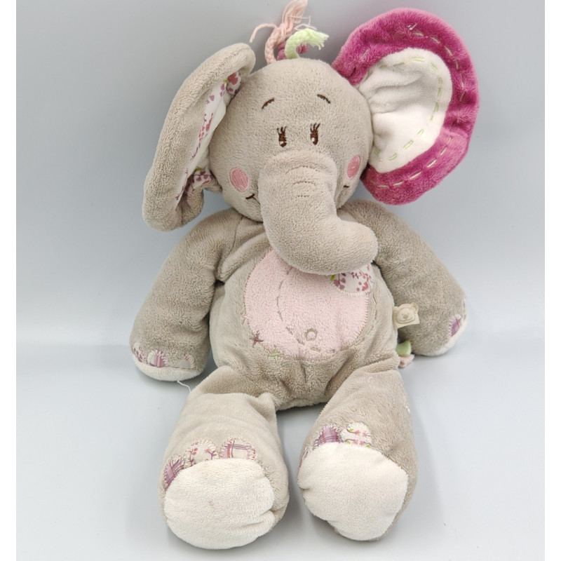 Doudou éléphant Kali gris rose fleurs NOUKIE'S
