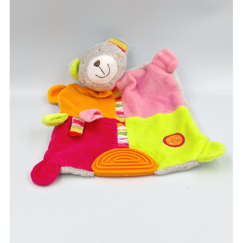 Doudou plat ours gris orange rose vert dentition TIGEX