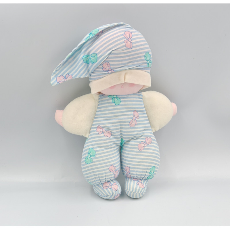 Doudou poupée chiffon bleu blanc rayé noeuds COROLLE