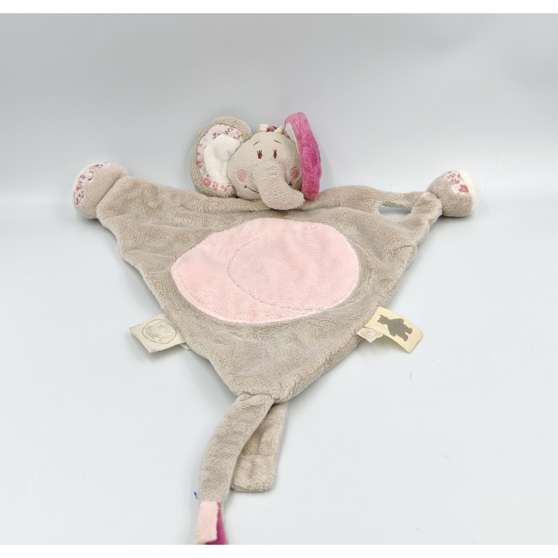 Doudou plat Eléphant Nina Kali gris rose fleurs NOUKIE'S