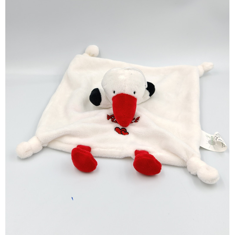 Doudou plat cigogne blanche noir rouge Alsace CREATION GROSS