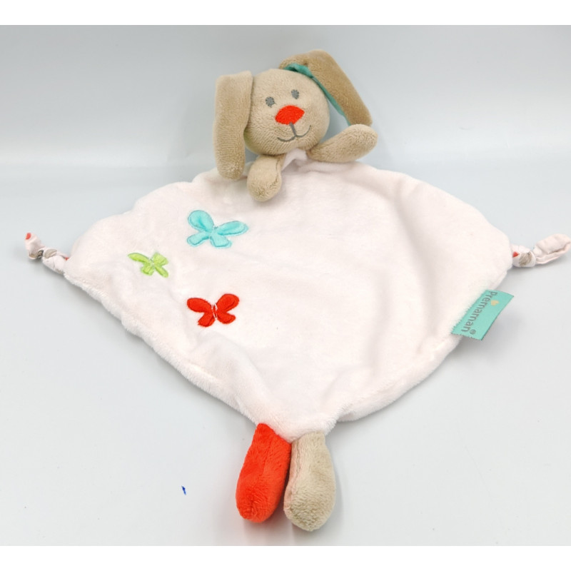Doudou plat lapin blanc beige vert bleu rouge papillons PREMAMAN