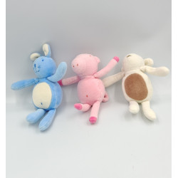 Mini doudou mouton blanc marron cochon rose lapin bleu lot de 3