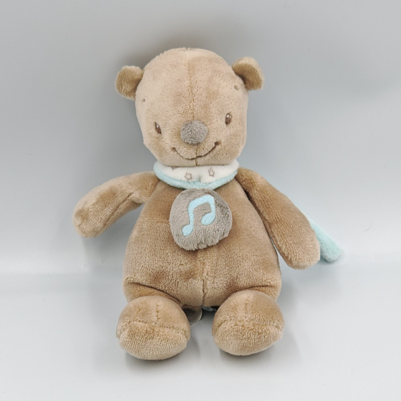 Doudou musical ours marron beige foulard bleu Mia et Basile NATTOU