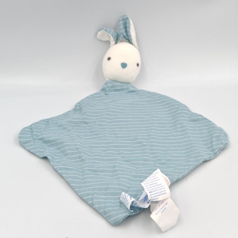 Doudou plat lapin blanc bleu rayé OBAIBI