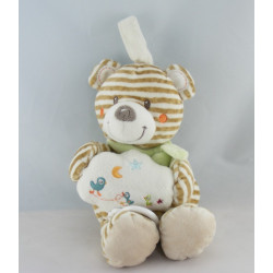 Doudou ours rayé beige écharpe verte lune étoile NICOTOY