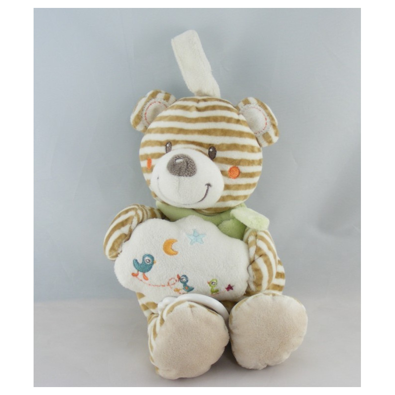 Doudou ours rayé beige écharpe verte lune étoile NICOTOY