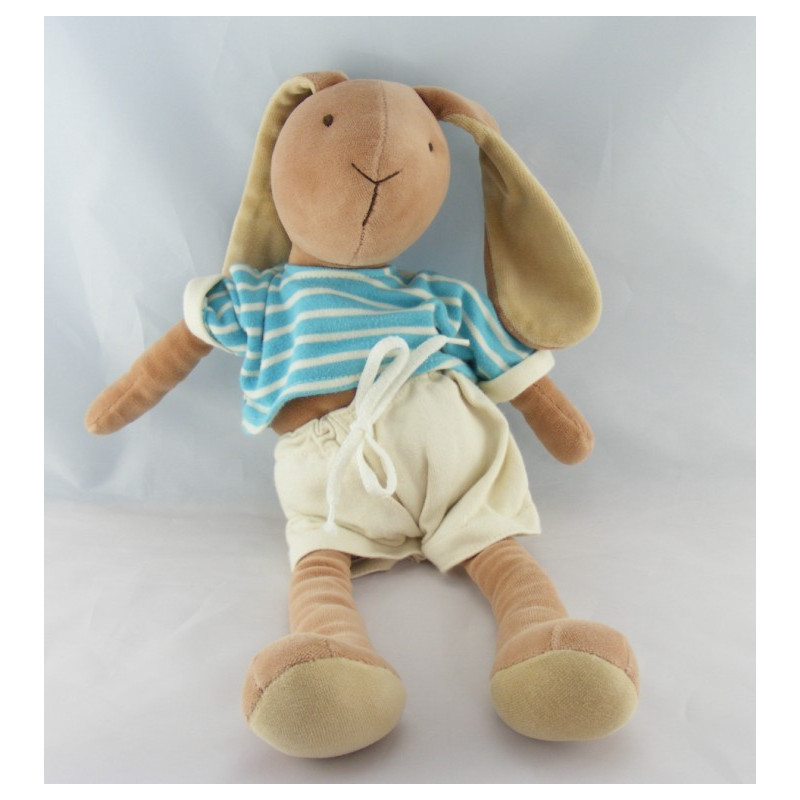 Grand doudou lapin marron maillot bleu rayé short blanc NOUNOURS