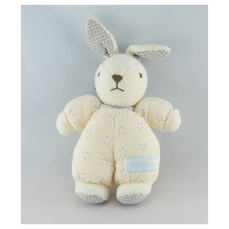 Doudou lapin beige écru fleur vichy bleu NOUNOURS