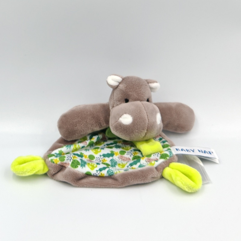Mini doudou plat Hippopotame marron vert Bazile l'hippo BABY NAT